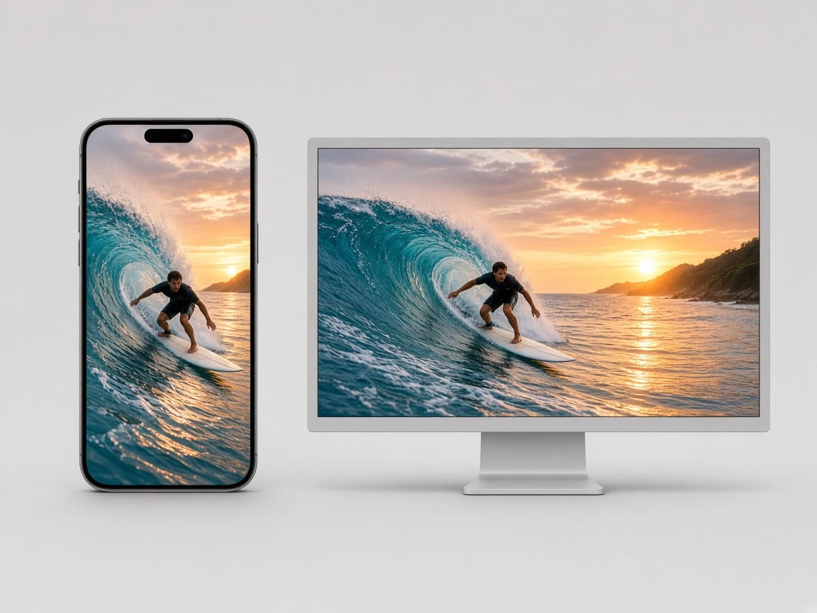 The same surfing clip shown in vertical 9:16 and widescreen 16:9