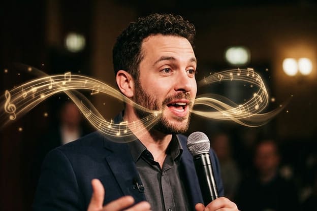 Performer speaking into a microphone with music notes, made with Gemini Omni 1.1 Flash
