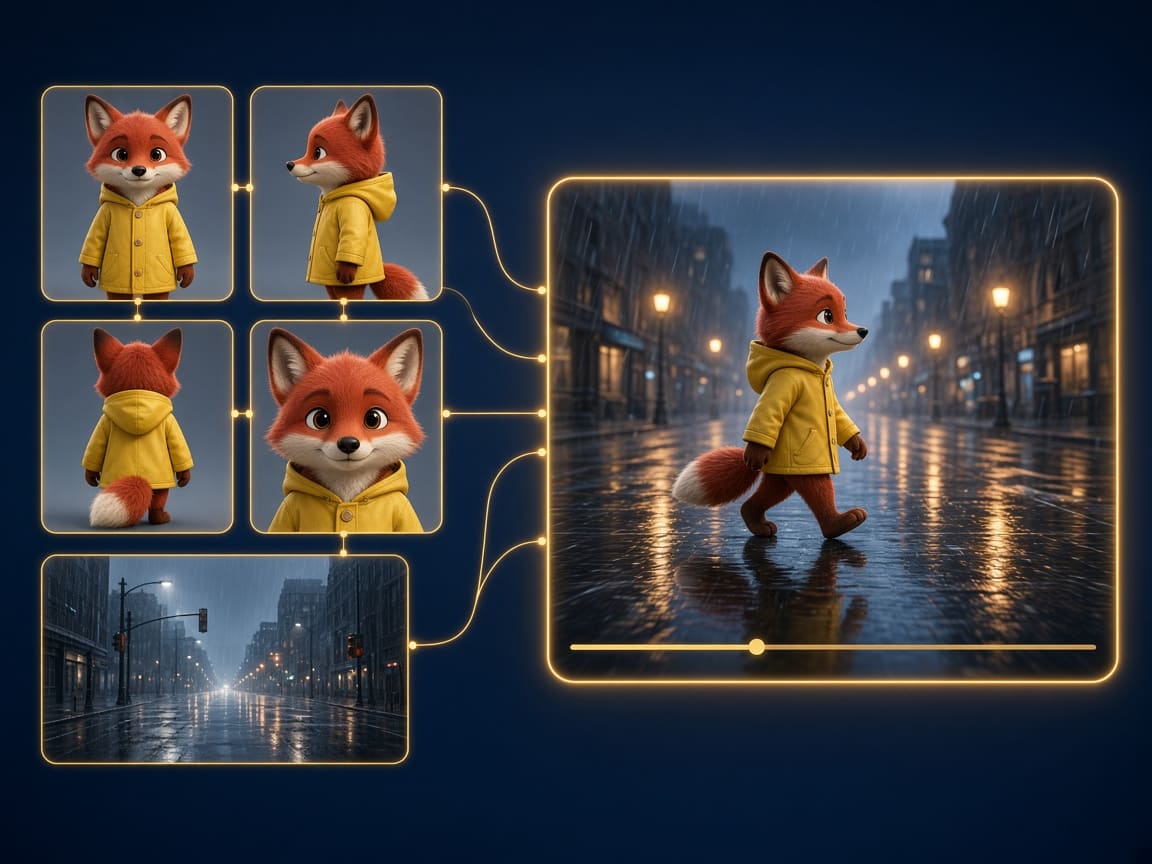 Fox character in a yellow raincoat animated from reference images with Gemini Omni