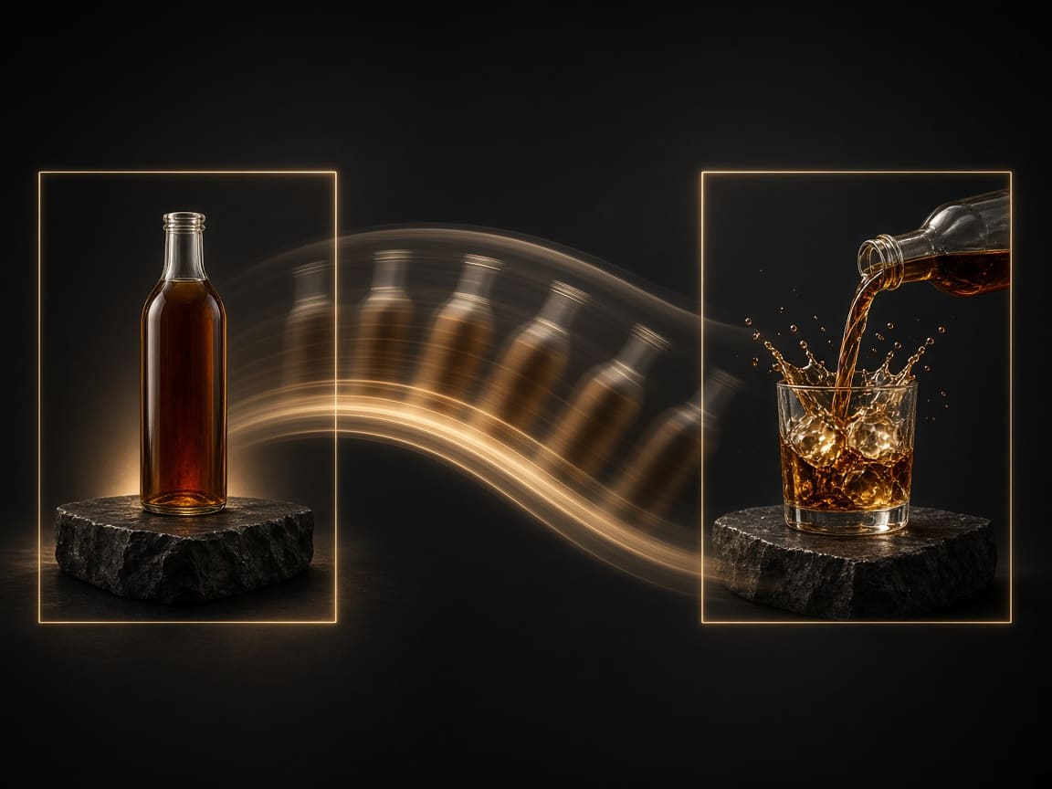 Bottle on a pedestal transitioning into a pour, a first and last frame video made with Gemini Omni