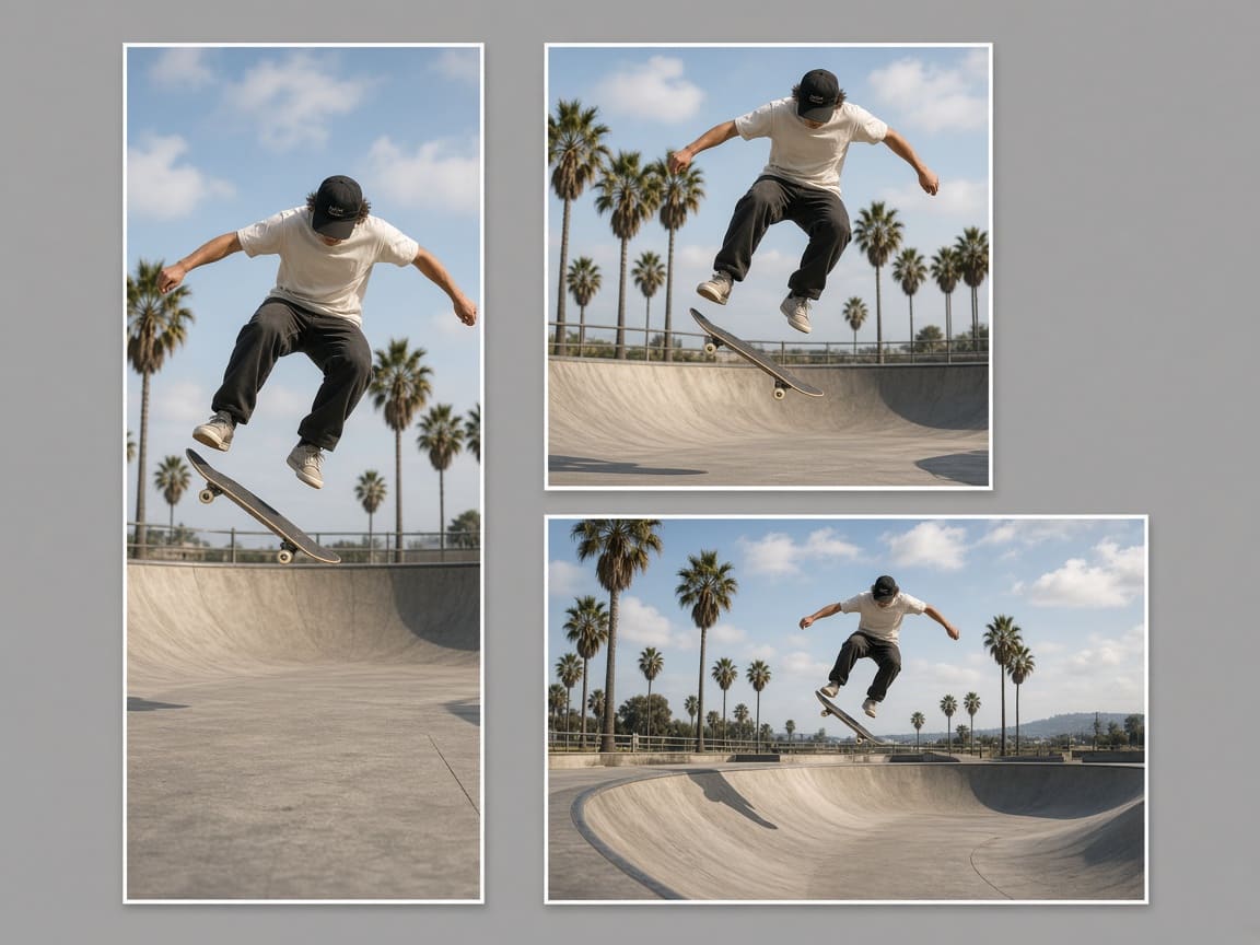 The same skateboard trick framed as vertical, square, and widescreen video