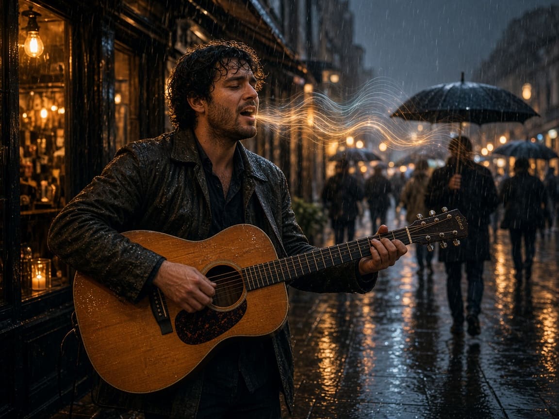 Street musician playing guitar in the rain, a social video with sound made with Grok Imagine