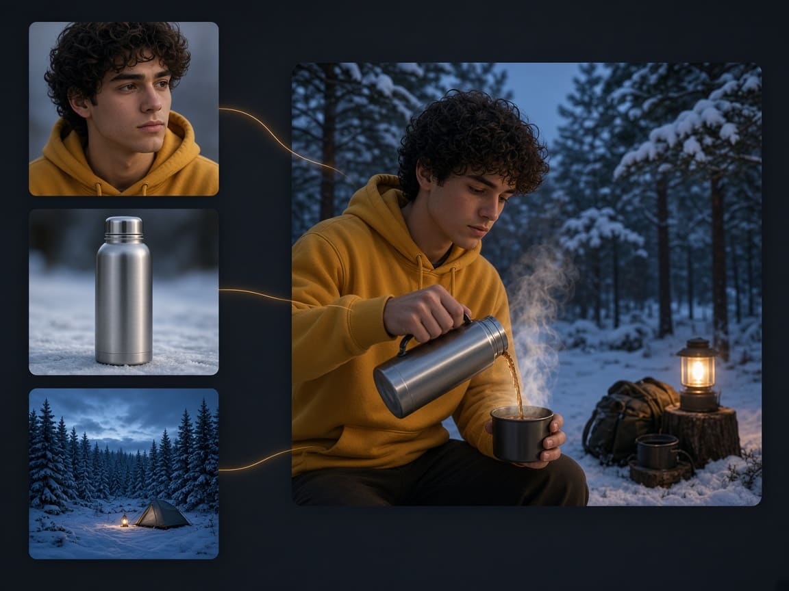 Person, thermos, and snowy campsite references combined into one Grok Imagine video
