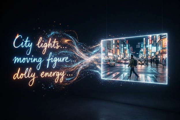A written prompt turning into a city night video scene with Grok Imagine text to video