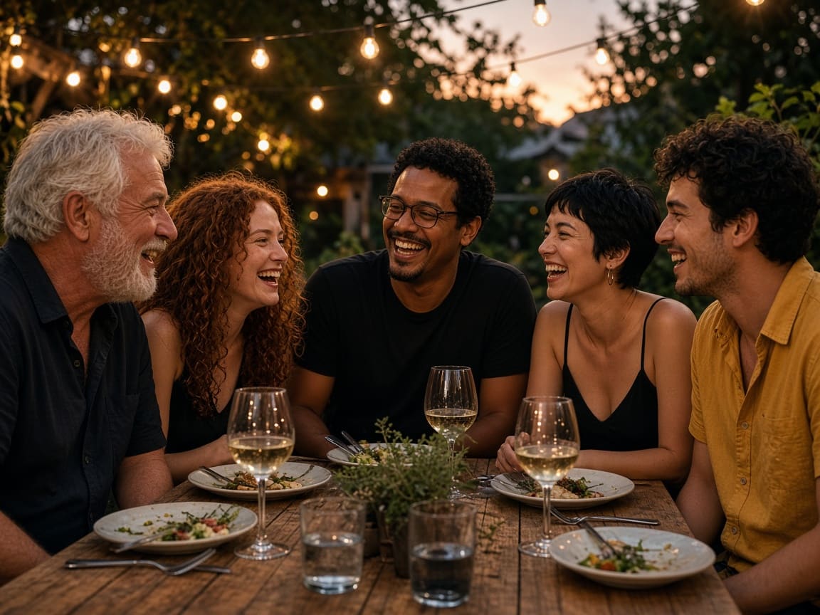 Five friends laughing at a candlelit garden dinner, created with Nano Banana Pro