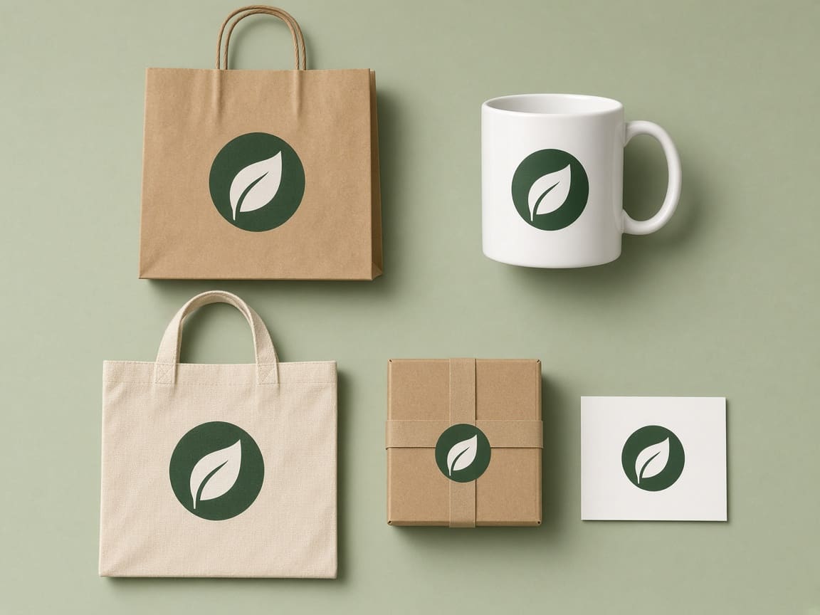 Leaf logo applied to a bag, mug, tote, box, and business card with Nano Banana Pro