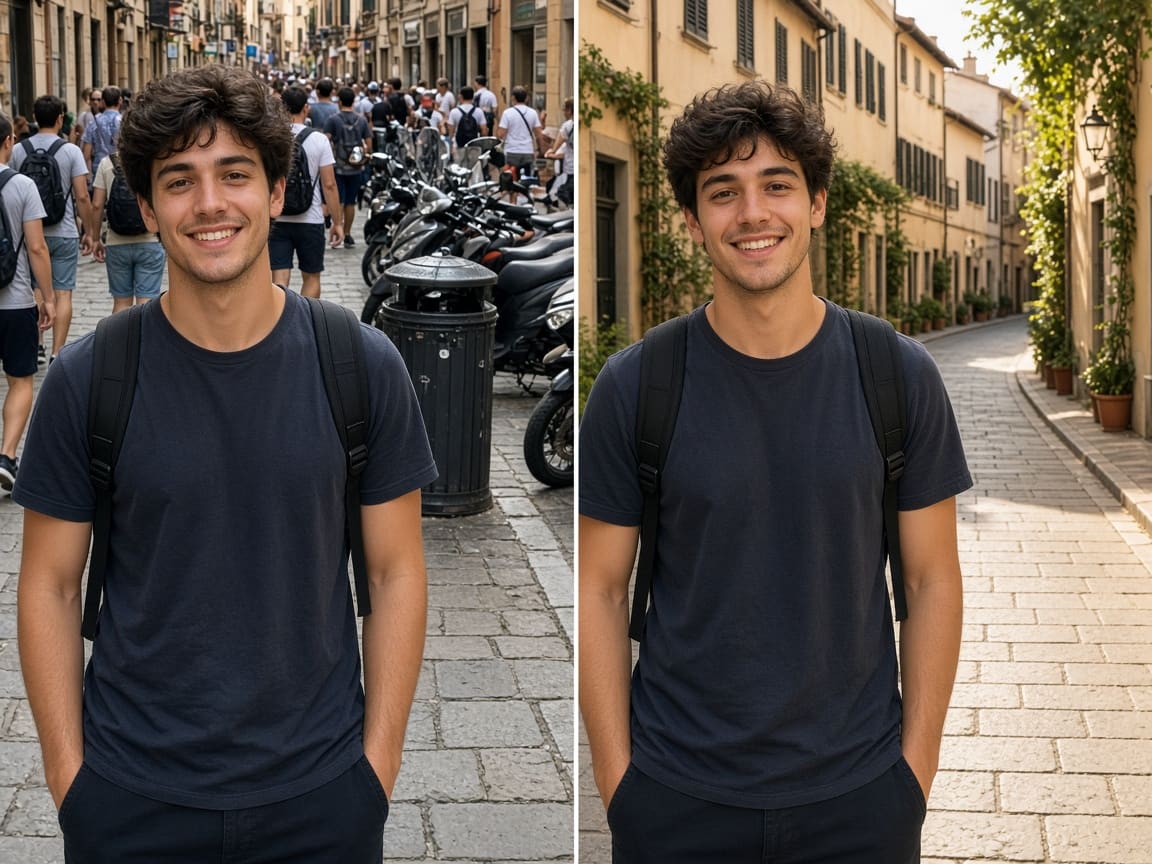 Before and after: a crowded street background removed with Nano Banana