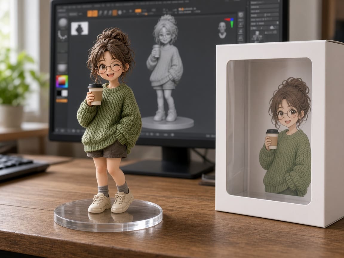 Collectible figurine of a girl with a coffee cup and its display box, made with Nano Banana