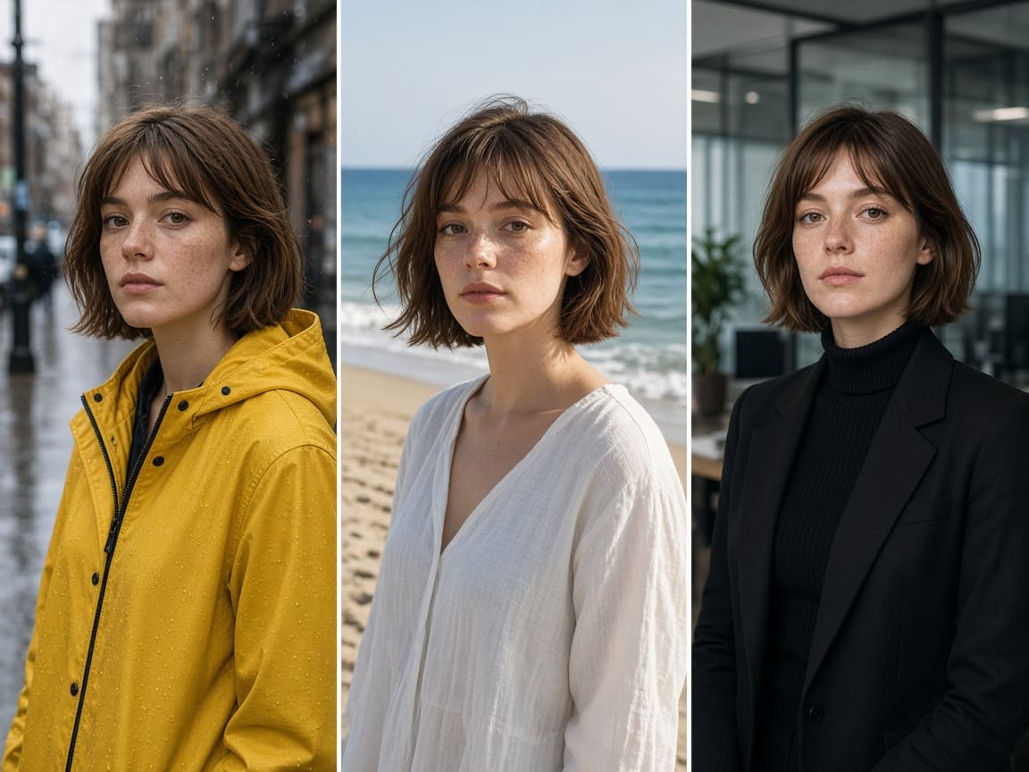 The same freckled woman in a raincoat, a linen dress, and a blazer, made with Nano Banana