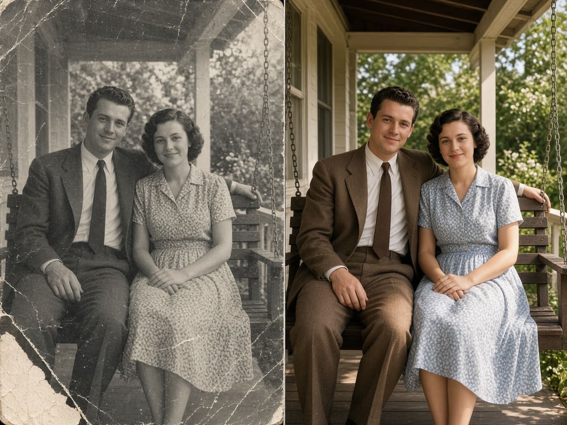 Damaged black-and-white photo of a couple restored and colorized with Nano Banana