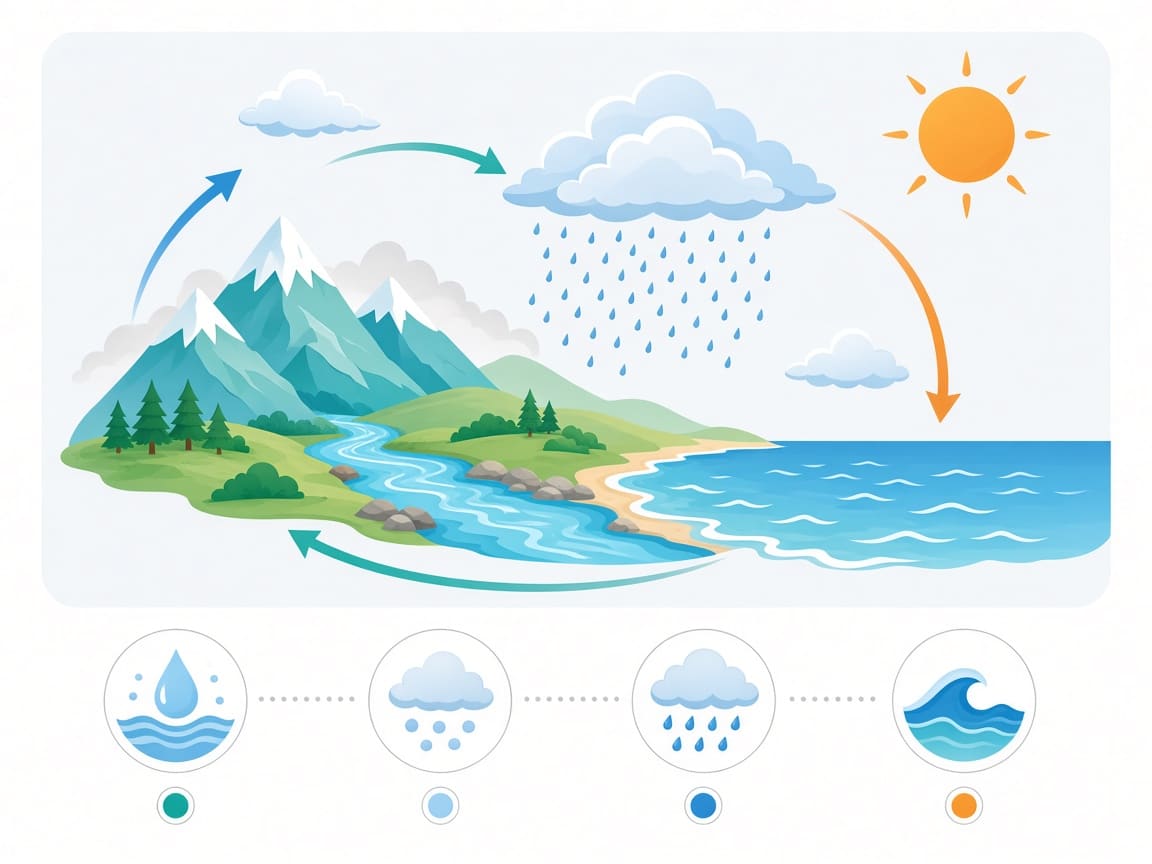 Seedream 5.0 Pro 生成的扁平插画水循环信息图,有山、雨、河流和大海