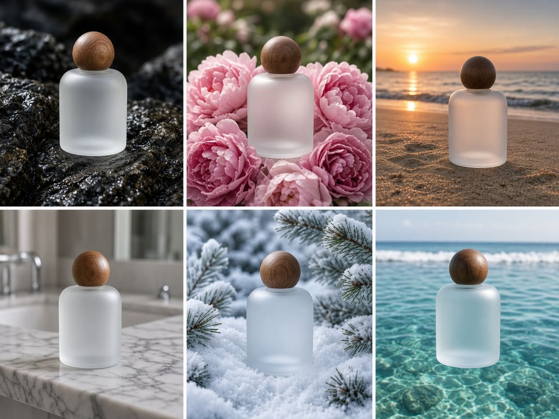 The same frosted perfume bottle in six different scenes made with Seedream 4.5