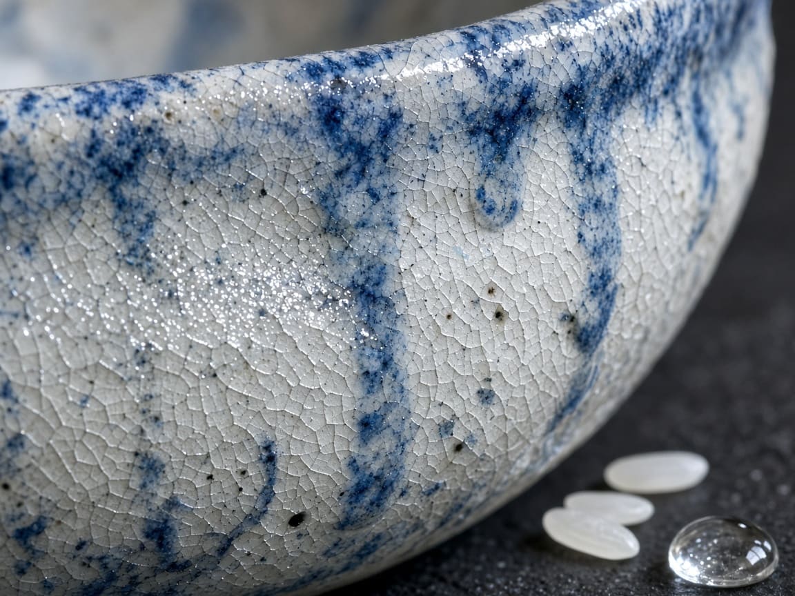 Macro view of a blue and white crackle-glazed bowl with rice grains made with Seedream 4.5