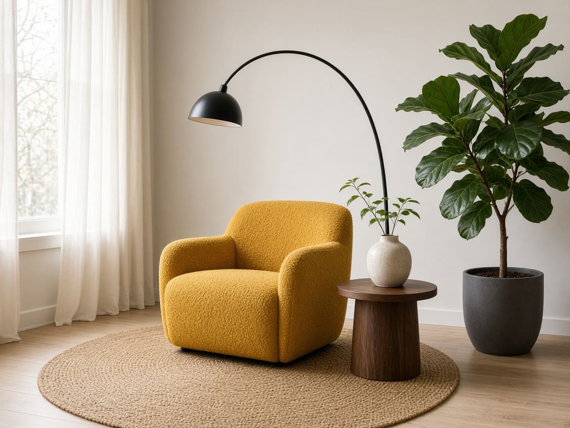 Mustard armchair, black arc lamp, jute rug, and fig plant combined in one room with Seedream 4.5