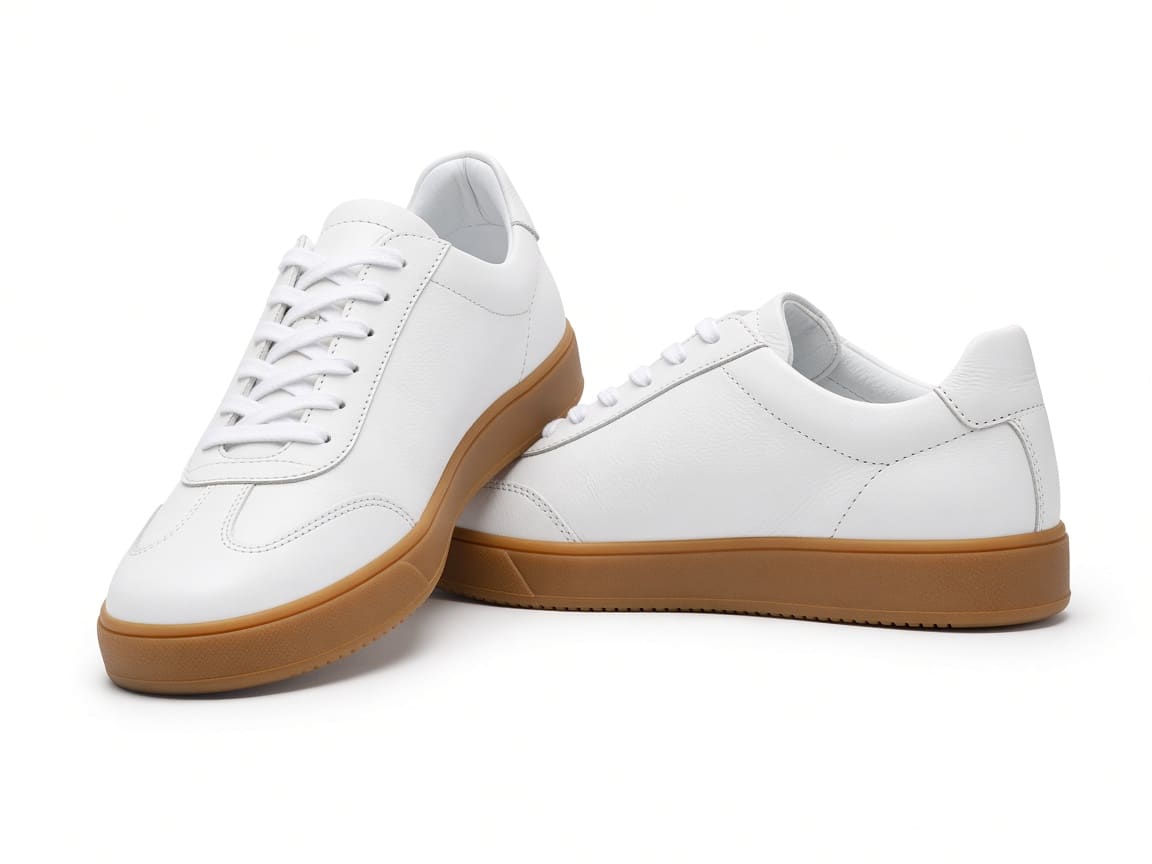 Pair of white leather sneakers with gum soles on a white background made with Seedream 4.5