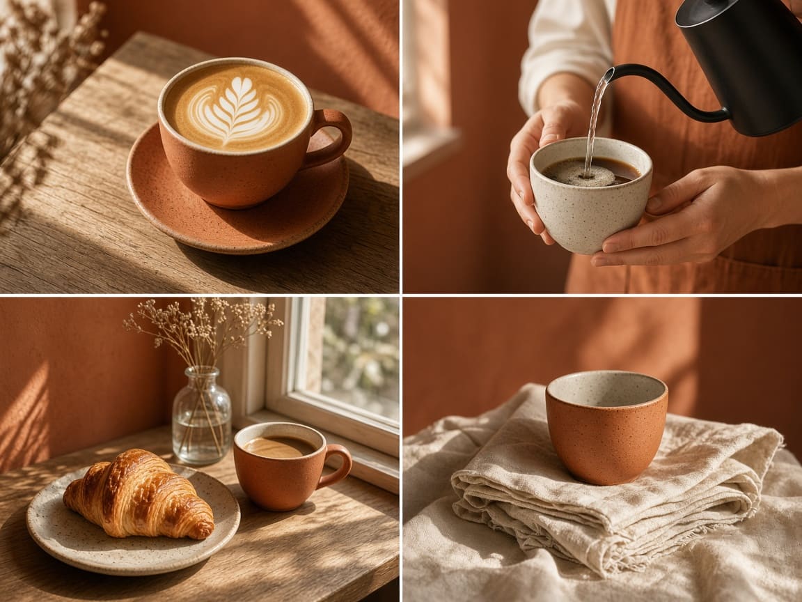 Four matching terracotta-toned coffee shop photos made with Seedream 4.5